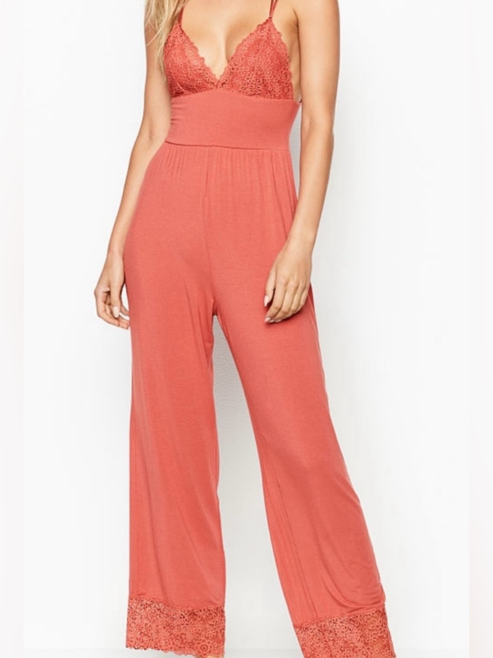 Victoria's Secret Coral Orange Soft Lace Heavenly Modal Jumpsuit